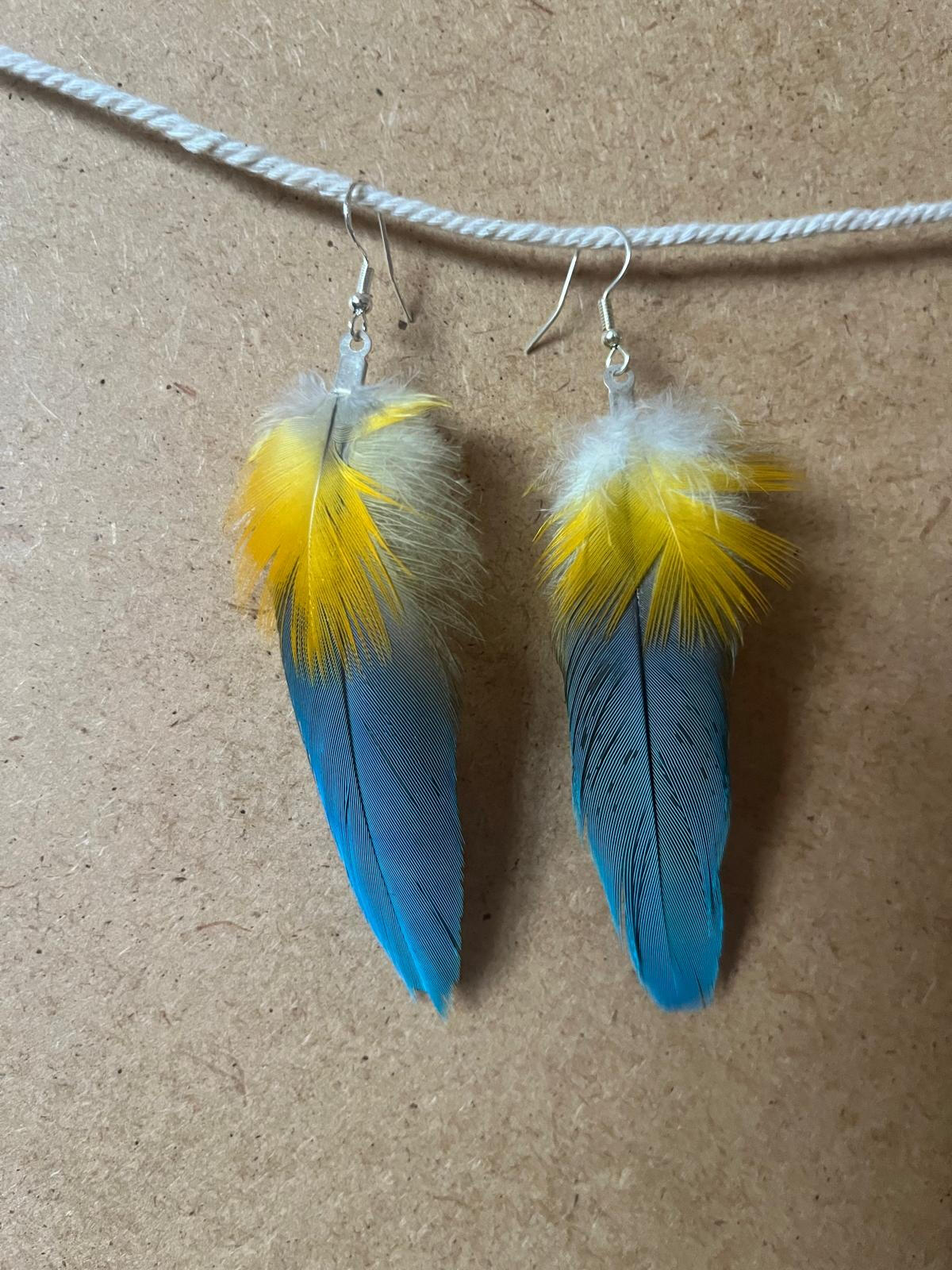 Pendientes artesanales Mar en Calma con plumas azules y amarillas de textura ligera y armoniosa