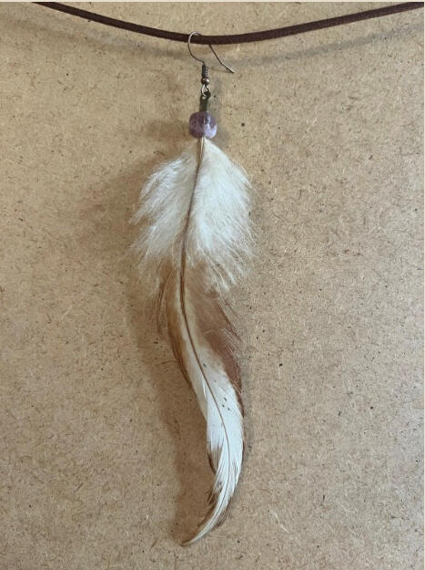 Pendiente artesanal Blanco Vivo con pluma clara y tonos naturales en caída suave y orgánica