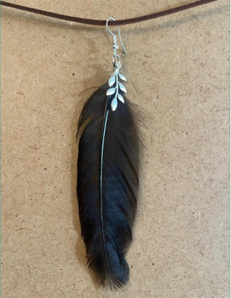 Pendiente artesanal Sombra Raíz con pluma oscura y detalle metálico en forma de hojas